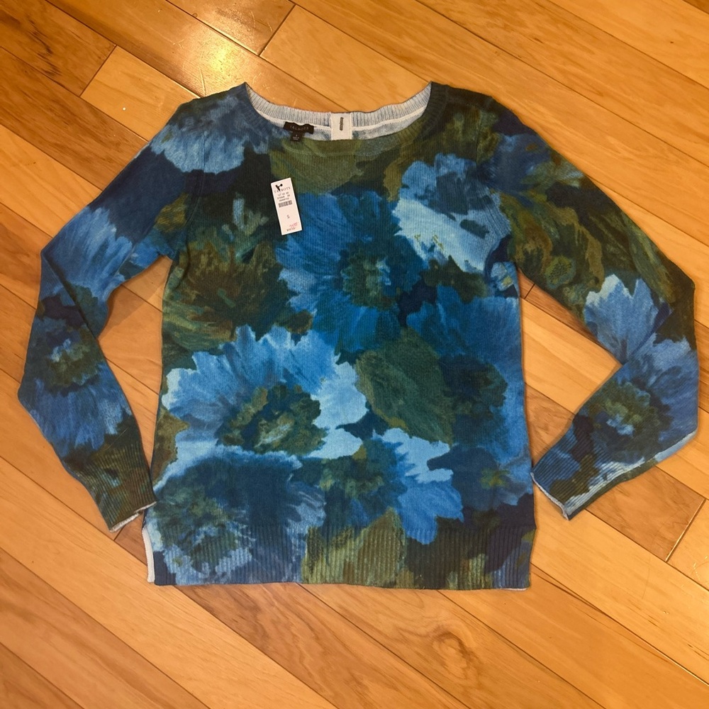 NWT Talbots Blue Floral Crewneck Sweater S Soft Knit Impressionist CottageCore